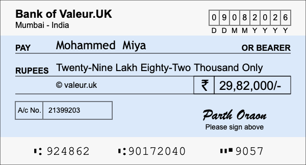 How to write a cheque for 29.82 lakh rupees
