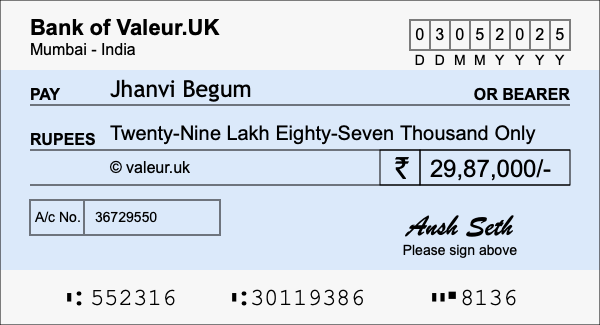 How to write a cheque for 29.87 lakh rupees
