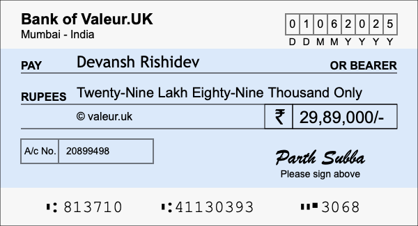 How to write a cheque for 29.89 lakh rupees