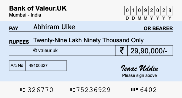 How to write a cheque for 29.9 lakh rupees