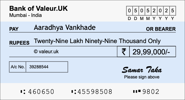 How to write a cheque for 29.99 lakh rupees How to write a cheque for 29.99 lakh rupees