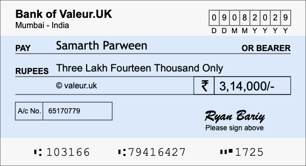 How to write a cheque for 3.14 lakh rupees