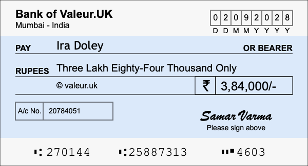 How to write a cheque for 3.84 lakh rupees