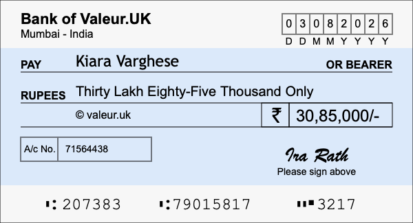 How to write a cheque for 30.85 lakh rupees