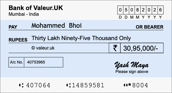 How to write a cheque for 30.95 lakh rupees