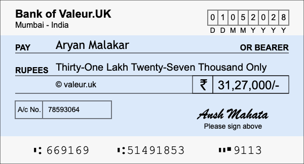 How to write a cheque for 31.27 lakh rupees How to write a cheque for 31.27 lakh rupees