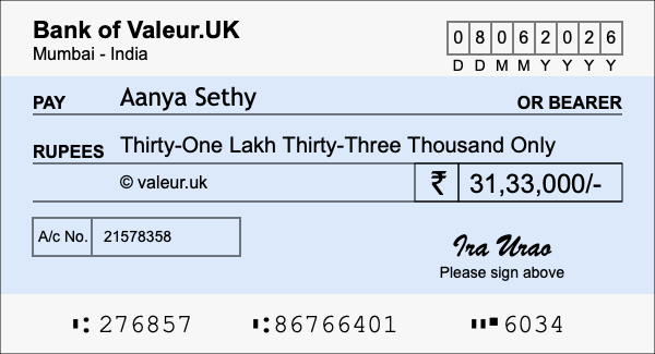 How to write a cheque for 31.33 lakh rupees How to write a cheque for 31.33 lakh rupees