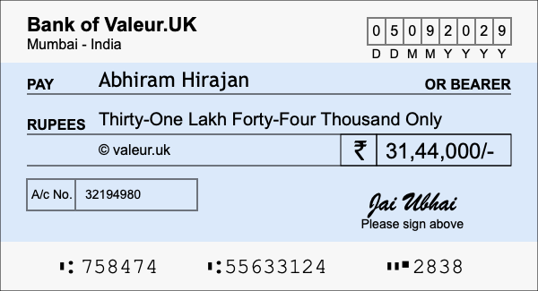 How to write a cheque for 31.44 lakh rupees How to write a cheque for 31.44 lakh rupees
