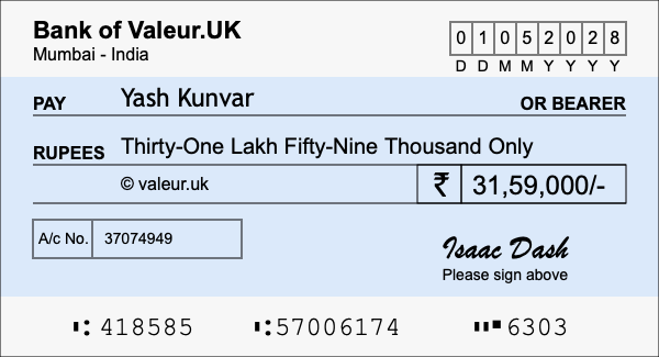 How to write a cheque for 31.59 lakh rupees How to write a cheque for 31.59 lakh rupees