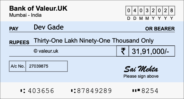 How to write a cheque for 31.91 lakh rupees