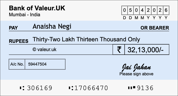 How to write a cheque for 32.13 lakh rupees
