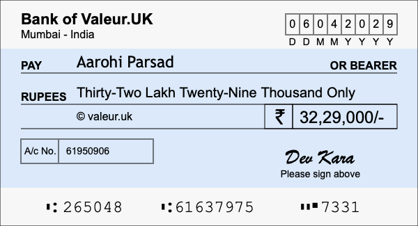 How to write a cheque for 32.29 lakh rupees