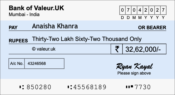 How to write a cheque for 32.62 lakh rupees