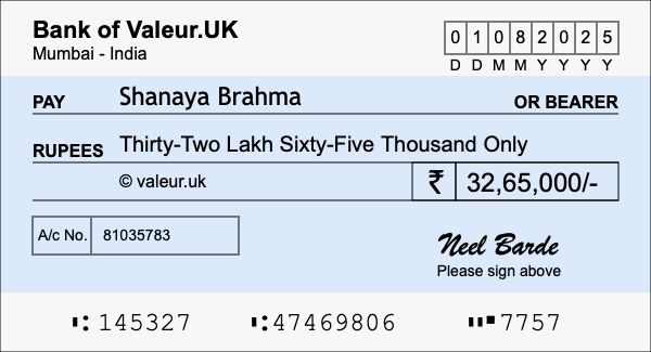 How to write a cheque for 32.65 lakh rupees