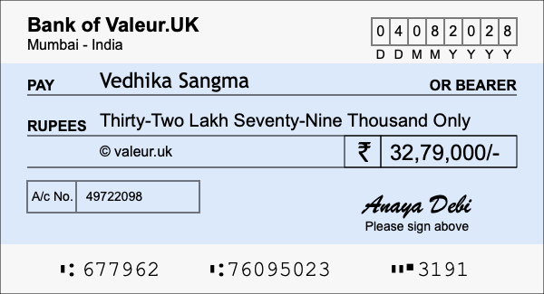 How to write a cheque for 32.79 lakh rupees How to write a cheque for 32.79 lakh rupees