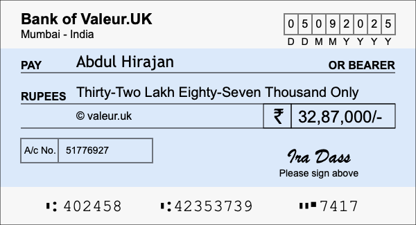 How to write a cheque for 32.87 lakh rupees