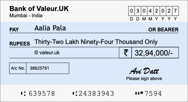 How to write a cheque for 32.94 lakh rupees
