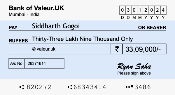 How to write a cheque for 33.09 lakh rupees
