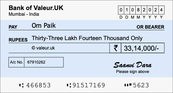 How to write a cheque for 33.14 lakh rupees