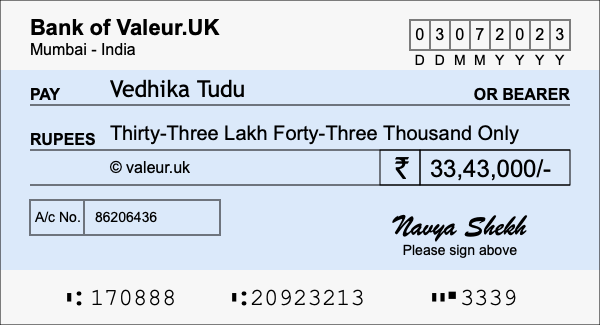 How to write a cheque for 33.43 lakh rupees How to write a cheque for 33.43 lakh rupees