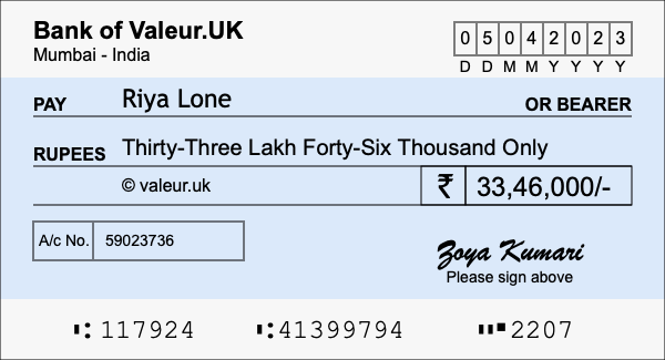 How to write a cheque for 33.46 lakh rupees