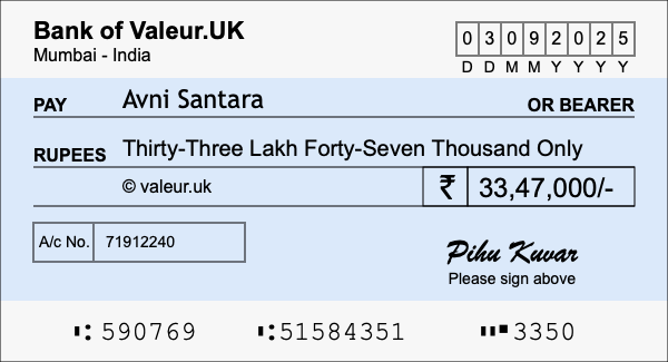 How to write a cheque for 33.47 lakh rupees