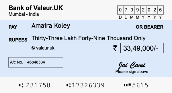 How to write a cheque for 33.49 lakh rupees