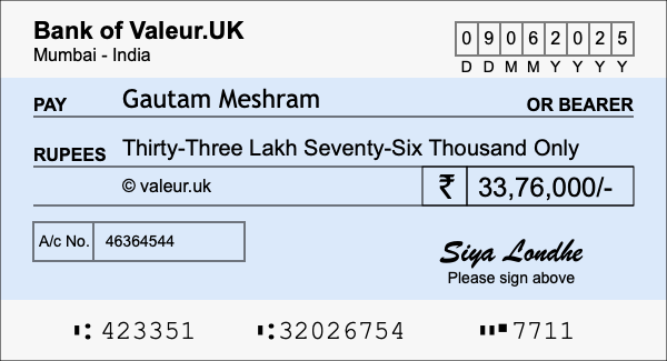 How to write a cheque for 33.76 lakh rupees