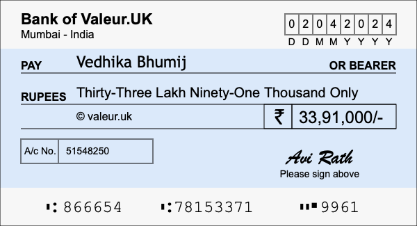 How to write a cheque for 33.91 lakh rupees
