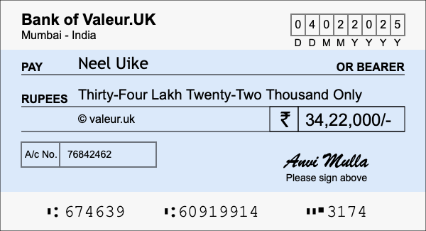 How to write a cheque for 34.22 lakh rupees How to write a cheque for 34.22 lakh rupees