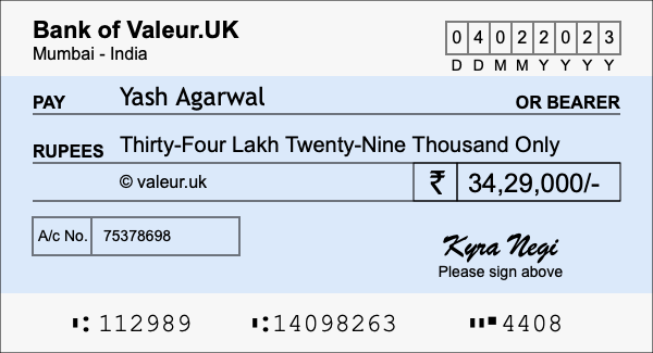 How to write a cheque for 34.29 lakh rupees