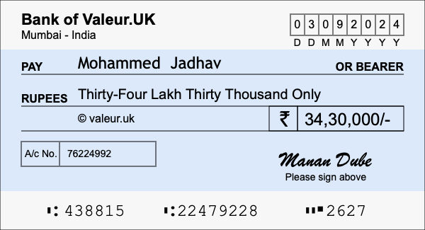 How to write a cheque for 34.3 lakh rupees
