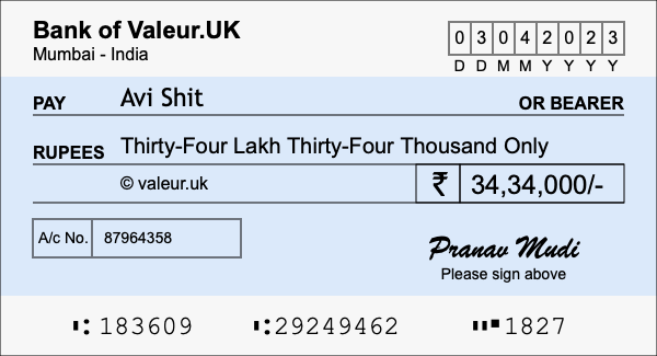 How to write a cheque for 34.34 lakh rupees