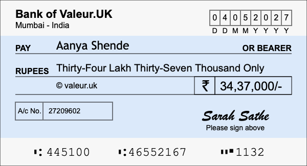 How to write a cheque for 34.37 lakh rupees