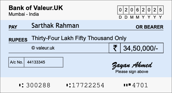 How to write a cheque for 34.5 lakh rupees