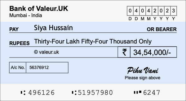 How to write a cheque for 34.54 lakh rupees