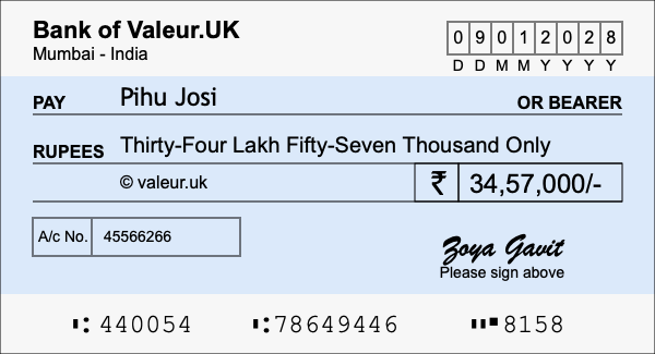How to write a cheque for 34.57 lakh rupees