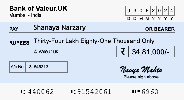 How to write a cheque for 34.81 lakh rupees How to write a cheque for 34.81 lakh rupees