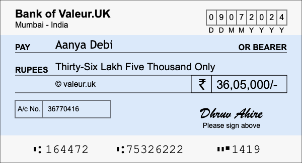 How to write a cheque for 36.05 lakh rupees