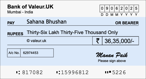How to write a cheque for 36.35 lakh rupees