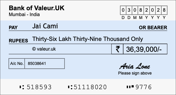 How to write a cheque for 36.39 lakh rupees