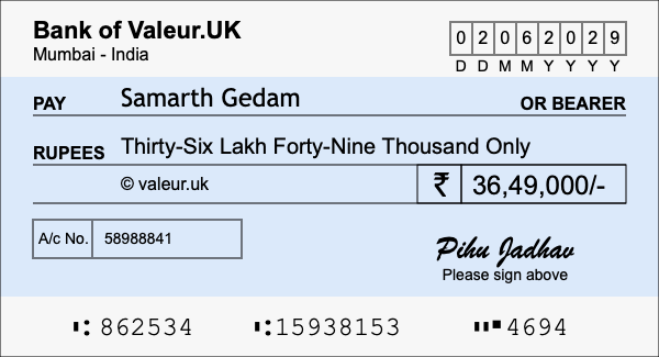 How to write a cheque for 36.49 lakh rupees