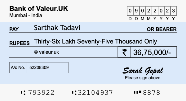 How to write a cheque for 36.75 lakh rupees