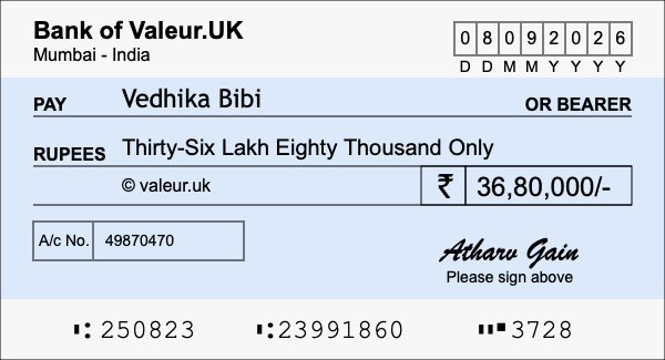 How to write a cheque for 36.8 lakh rupees
