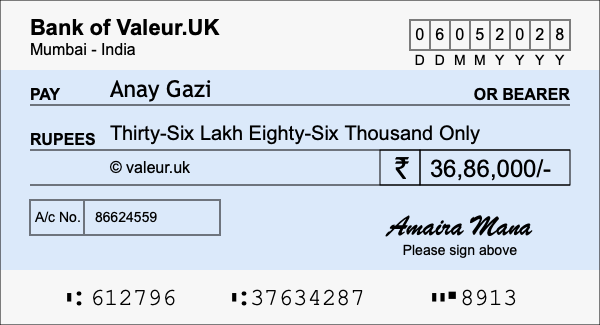 How to write a cheque for 36.86 lakh rupees