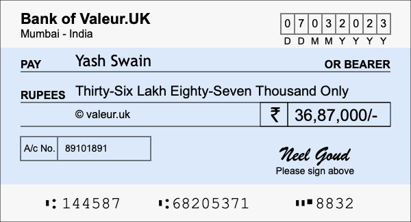How to write a cheque for 36.87 lakh rupees