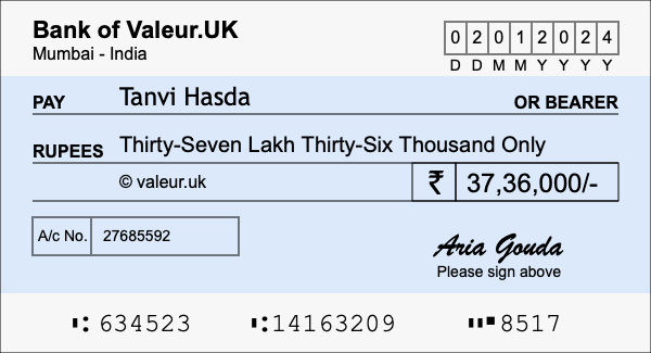 How to write a cheque for 37.36 lakh rupees How to write a cheque for 37.36 lakh rupees