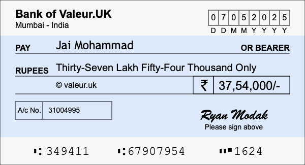 How to write a cheque for 37.54 lakh rupees How to write a cheque for 37.54 lakh rupees