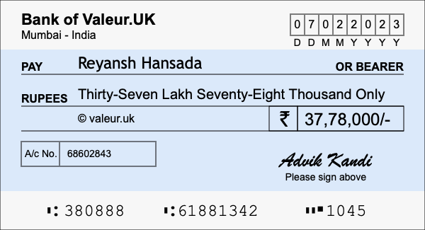 How to write a cheque for 37.78 lakh rupees