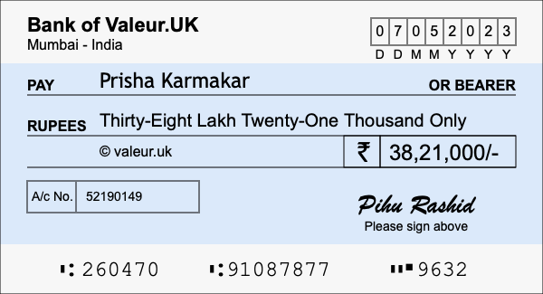 How to write a cheque for 38.21 lakh rupees